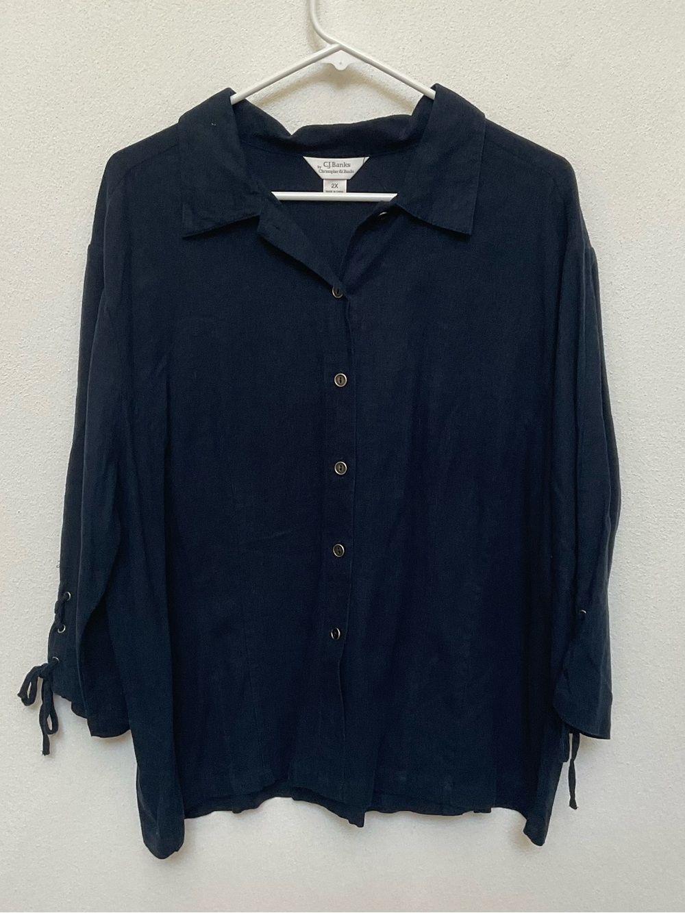 Cj Banks Linen Blend Navy Blue Button Up Top Laced Sleeves Size 2X Spring Flowy